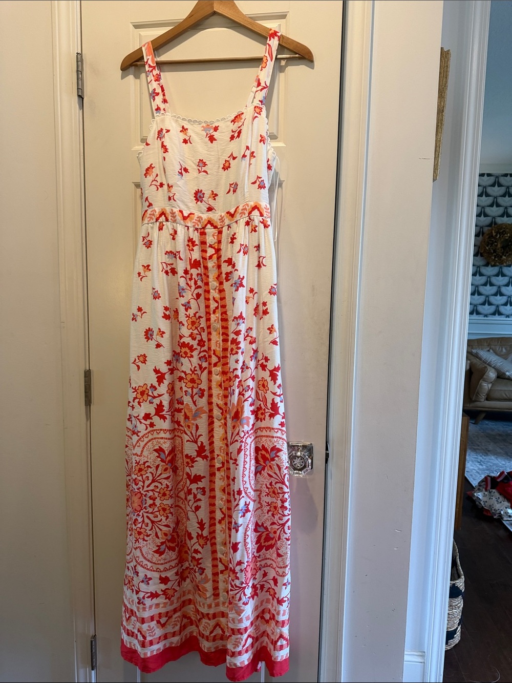 Skies Are Blue White Maxi Dress with Red-Orange Floral Print
